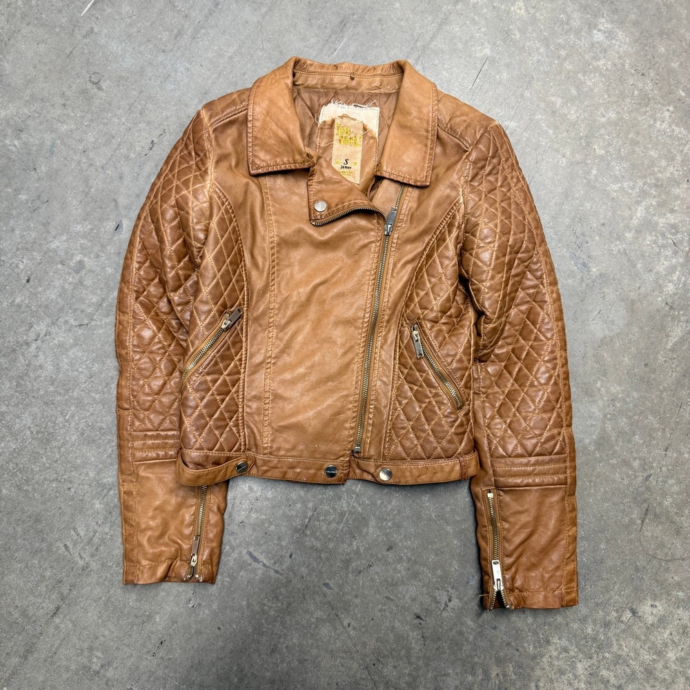 Bershka You Rock Tan Brown Faux Leather Quilted Moto Biker Jacket Womens Small